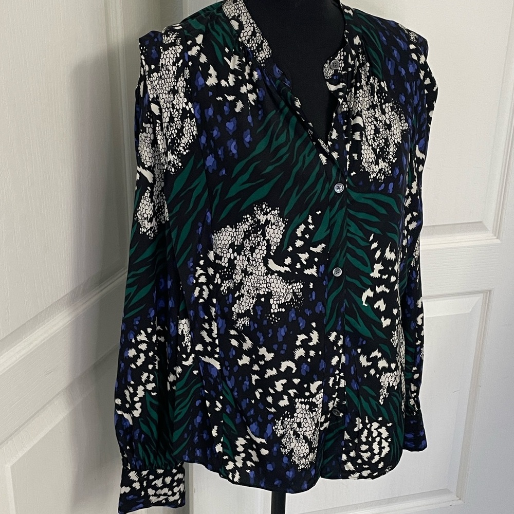 Veronica Beard Buckley Blouse shirt top stretchy silk US 10 blue green black - Picture 4 of 12